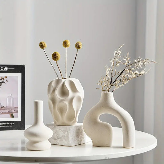 3pcs Boho Ceramic Vase Set - Modern Nordic Minimalist Round & Donut Shaped, Geometric Pattern, Ideal for Trendy Home Decor, Living Room, Entryway, Coffee Table - No Battery Required, Decorative Gift