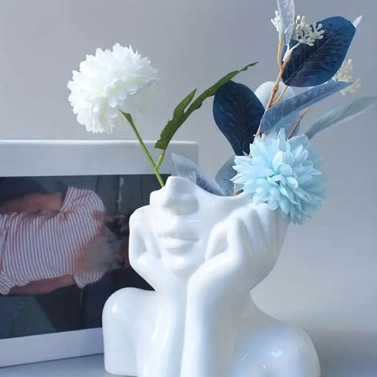 Artistic Resin Face Vase – Nordic White | Double-Handheld Floral Arrangement Decor