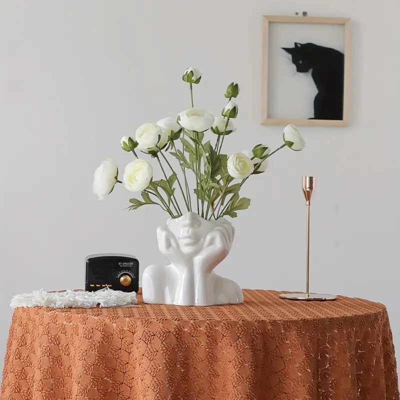 Artistic Resin Face Vase – Nordic White | Double-Handheld Floral Arrangement Decor